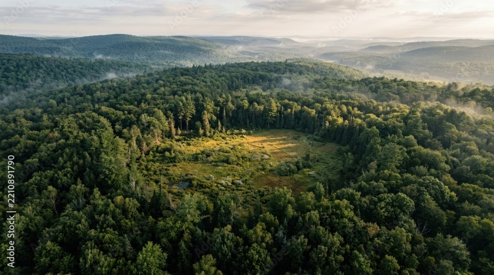 Fototapeta premium Aerial view of a circular forest clearing surrounded by dense coniferous trees in a misty mountain landscape