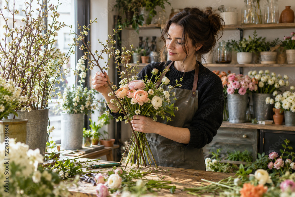 Fototapeta premium Florist arranging flowering branches in spring