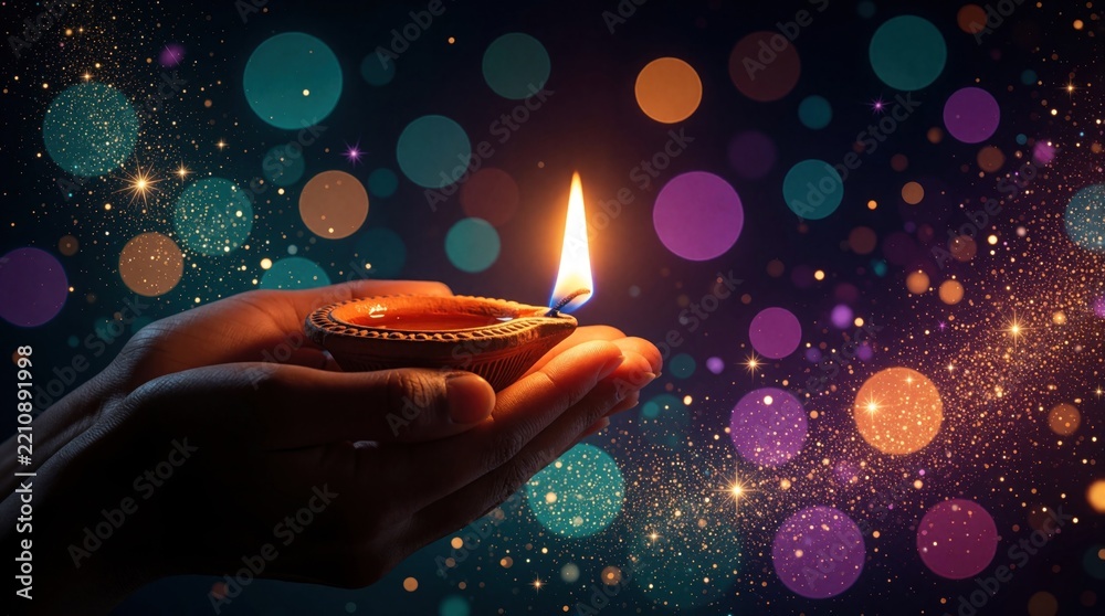 Obraz premium Human hands hold lit diya lamp for Diwali festival. Traditional clay oil lamp glows with warm flame at night. Colorful bokeh lights, sparkles create festive atmosphere. Hindu culture celebration of