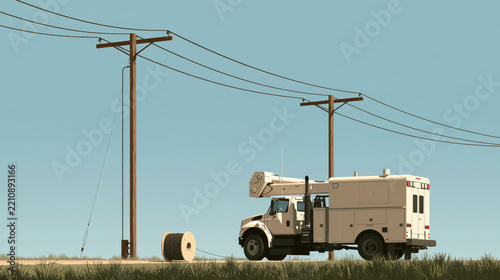 Bucket Truck and Cable Reel Beneath Rural Power Lines