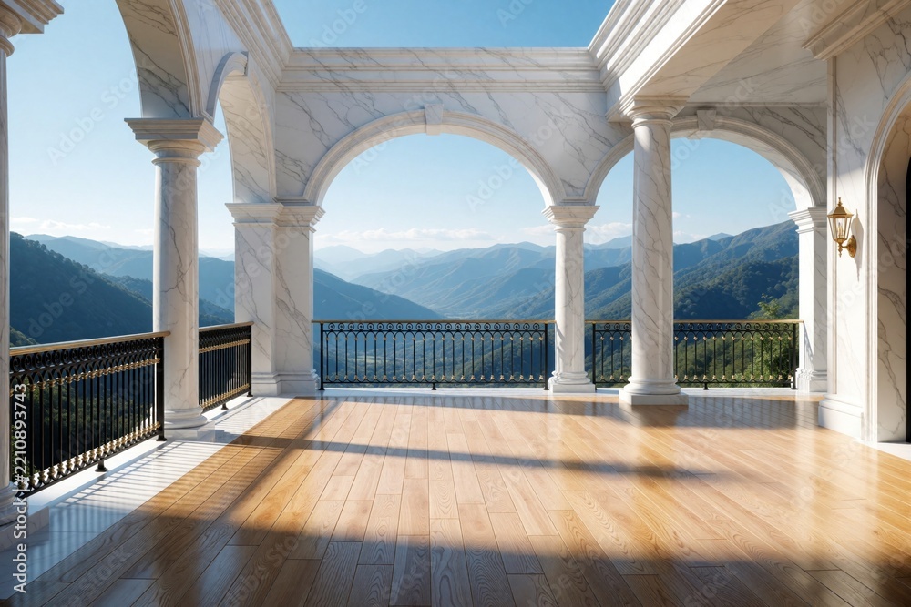 Fototapeta premium Empty luxury terrace with white marble arches, wooden floor. Scenic view of blue mountains, green forest from villa balcony. Elegant modern architecture with classical style at mountain resort. Sunny