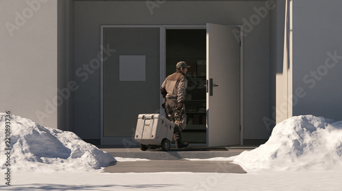 Courier Wheeling Insulated Case into Snowy Building Entrance