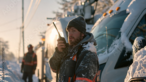 Winter Service Worker Speaking into Radio Beside Van