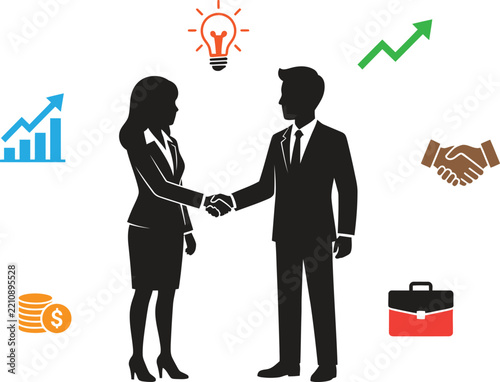 Business man and woman shaking hands with icons of success and growth on a plain background