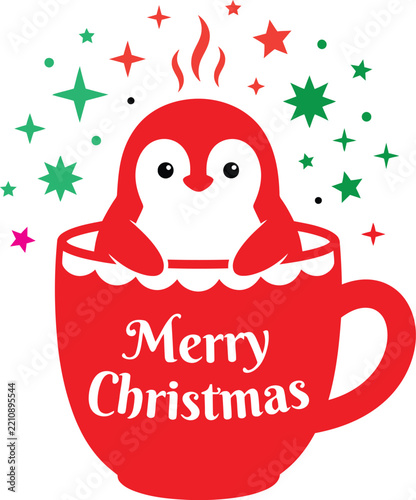 Cute penguin sitting in a red coffee cup with merry christmas text and festive stars
