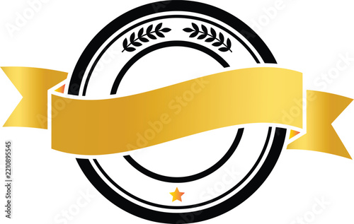 Black circular stamp with a golden ribbon banner and laurel leaves for graphic design