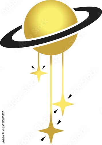 Golden planet with rings and hanging stars icon design for space or celestial concepts