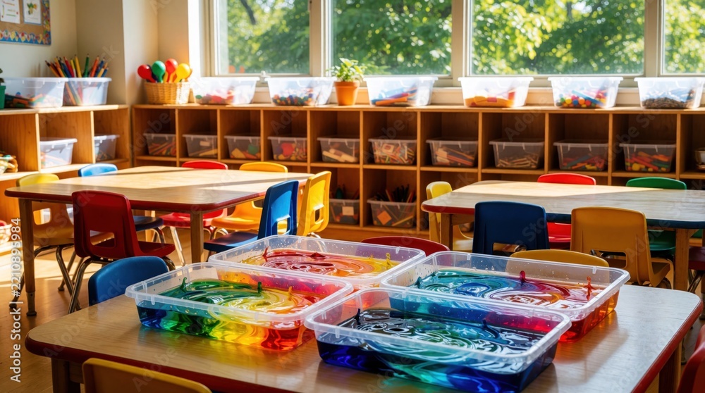 Fototapeta premium Empty preschool classroom with colorful chairs, wooden shelves. Science sensory bins with oil, water mixture sit on tables. Bright indoor kindergarten room features organized art supplies, clear