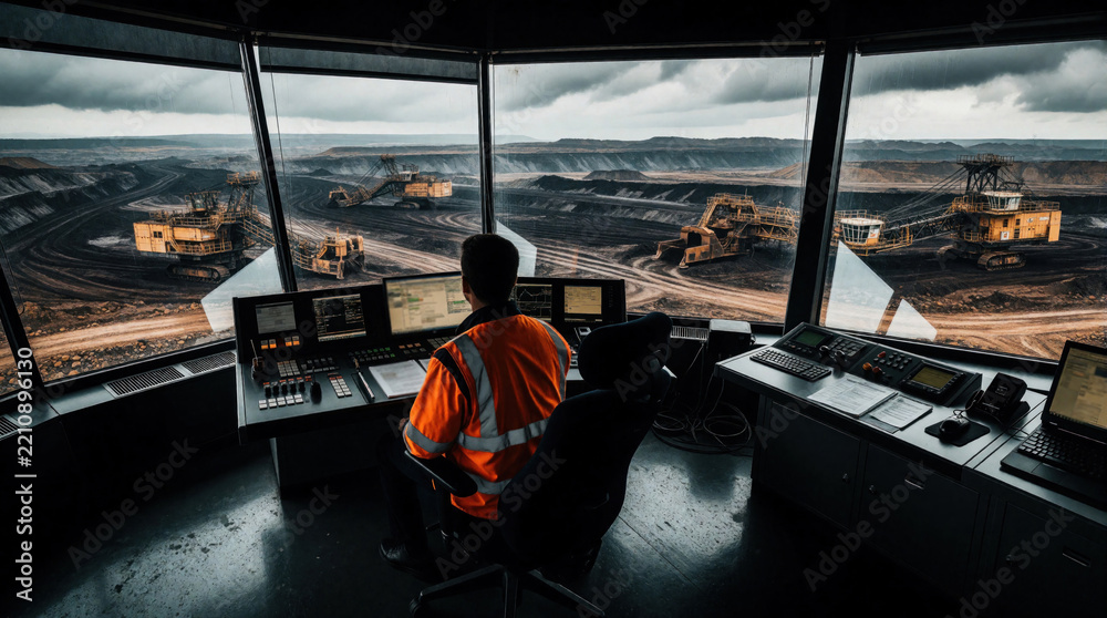 Fototapeta premium Male operator sits in control tower monitoring open pit mine operations. Worker uses digital screens to manage heavy machinery, extraction process. Pro view of large excavators working in dark coal