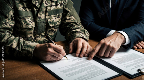 Soldier in camo uniform signs official legal contract on desk. Businessman in dark suit points at paper document during meeting. Military man uses pen for signature to confirm agreement enlistment.