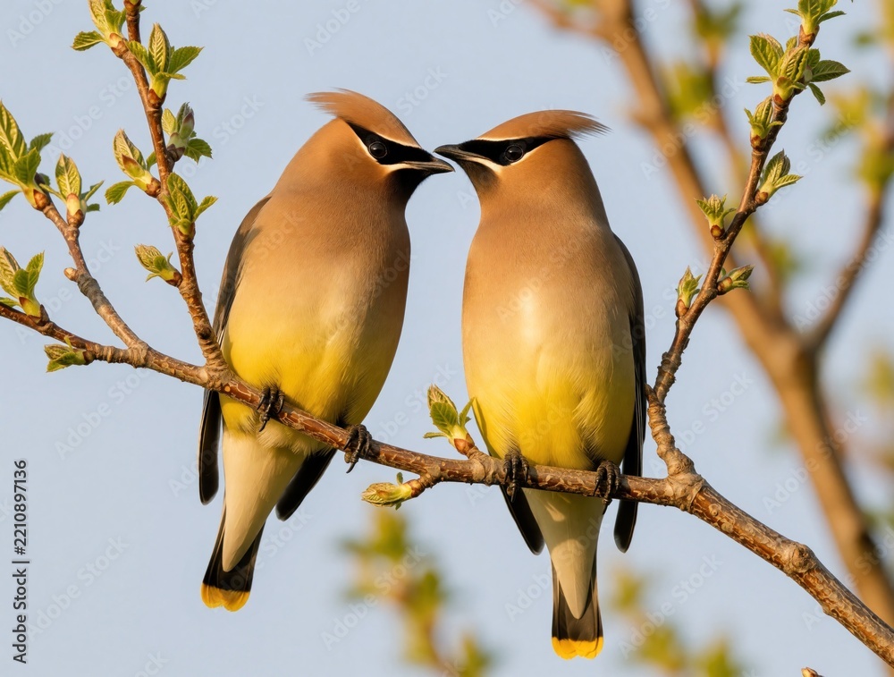 Obraz premium Two cedar waxwing birds sit on tree branch together. Pair of colorful songbirds perch on twig with green leaves. Small avian animals look at in nature. Wildlife couple shows bonding behavior during