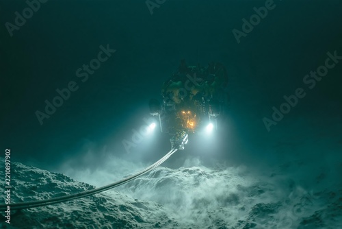 Submersible submarine investigates deep ocean floor structure. Robotic vehicle operates underwater while laying heavy transmission cables