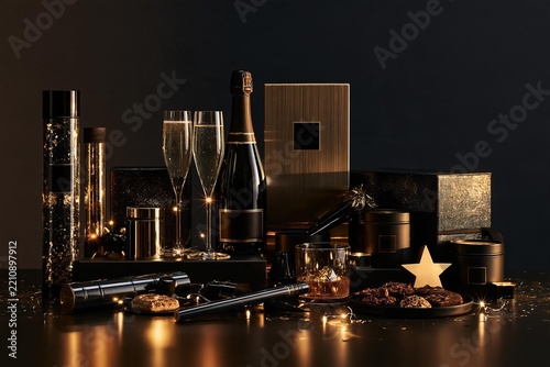 Festive champagne and whiskey setup with cookies and star