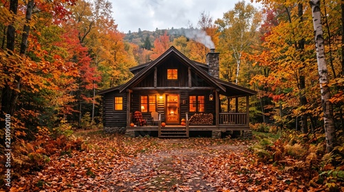 Cozy Log Cabin In Autumn Forest With Warm Lights, Fireplace Smoke And Pumpkins On Porch