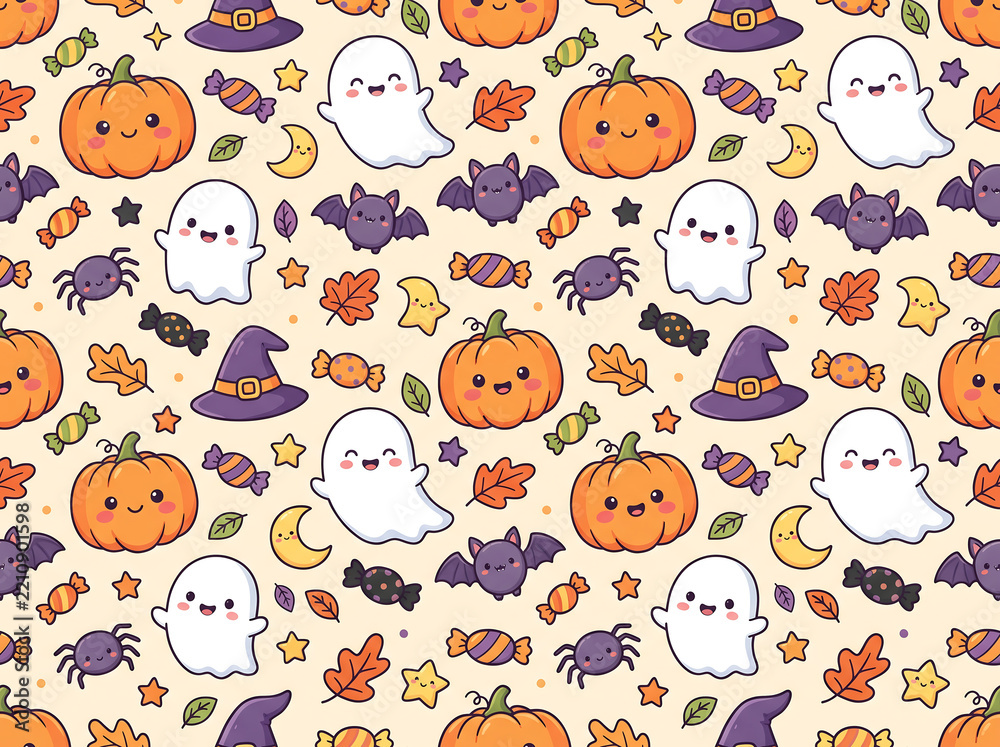 Obraz premium Halloween seamless pattern with cute pumpkins ghosts bats and candy