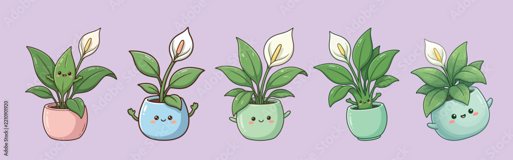 Fototapeta premium Cute Peace Lily Plant Set with Happy Faces in Colorful Ceramic Pots, Kawaii Vector Illustration Collection