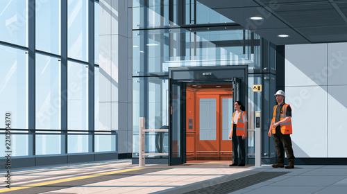 Two Workers Beside a Glass Lift in a Modern Building