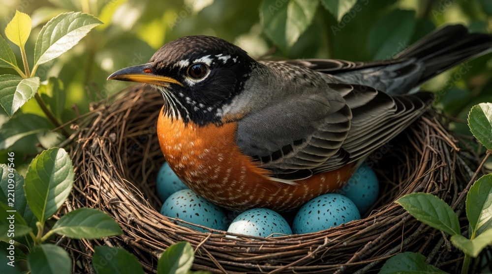 Obraz premium American robin sits in cozy twig nest with blue eggs. Small bird stays on nest in green garden foliage. Mother bird protects eggs during spring season. Natural wildlife scene shows avian life,