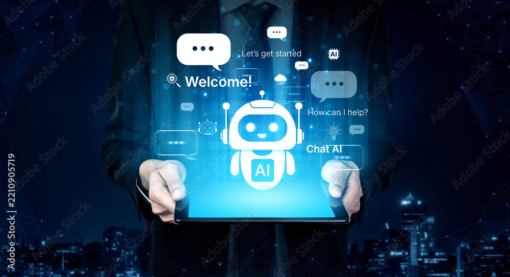 Fototapeta premium Welcome message introduces chat AI assistant for instant help. Chat AI supports questions and tasks, and chat AI improves service with friendly NLP chatbot onboarding. Corpus