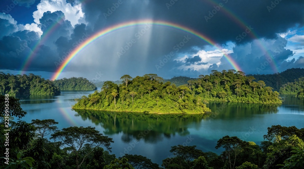 Obraz premium Double rainbow arches over calm lake with rich green islands. Dramatic storm clouds fill sky above tropical forest landscape. Beautiful nature view with reflection in water. Scenic scenery shows