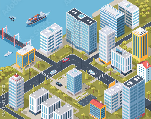 Isometric colorful city buildings and transports vector illustration
