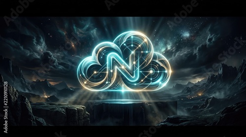 Glowing cloud icon with integrated n pattern floats over dark rocky landscape