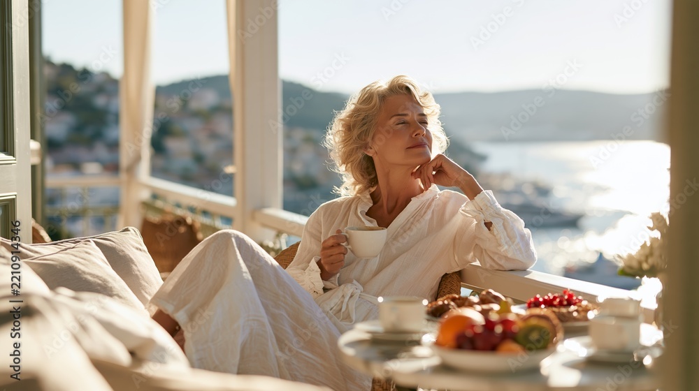 Fototapeta premium Woman enjoys breakfast on hotel balcony overlooking coastal landscape in morning light Generative AI