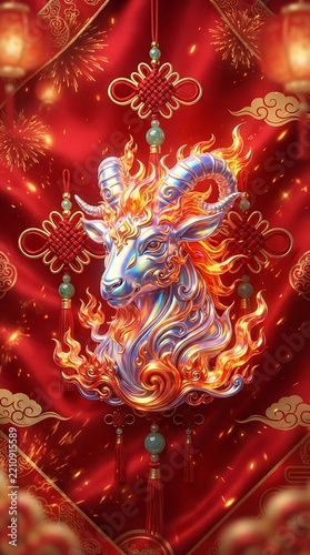Fiery Ram Zodiac Symbol with Chinese Knots and Lanterns.