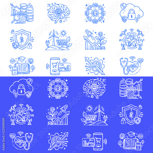 24 set Modern Business Technology Line Icon Collection for Digital Finance, Security, Education, Healthcare and Innovation