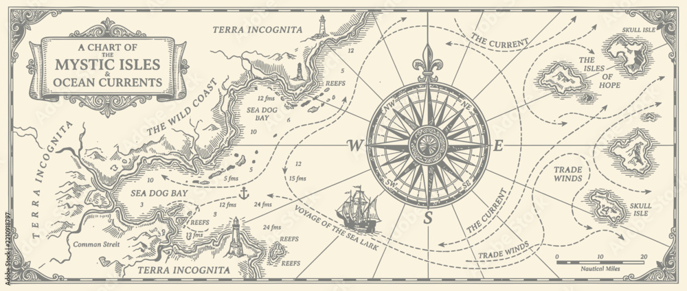 Obraz premium Vintage Ocean Navigation Map with Compass and Islands