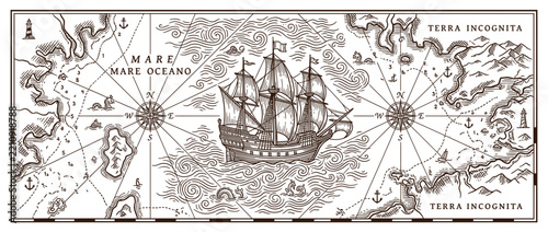 Vintage sailing ship on an old nautical map