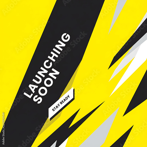 Abstract graphic design in yellow, black, and white with 'Launching Soon' text.