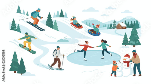 Winter Scene with People Enjoying Various Snow Sports and Activities.