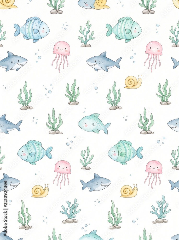 Obraz premium A cute, seamless repeating pattern illustration of whimsical sea creatures.
