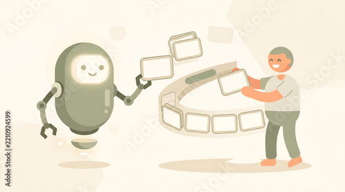 A person organizing digital data files with a friendly robot assistant in flat style