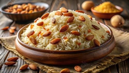 A steaming plate of fluffy goldenbrown basmati nestled beneath a crunchy crown of caramelized toasted almonds