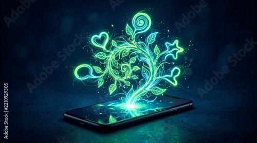 Neon green glowing plant growing from a black smartphone screen on dark background