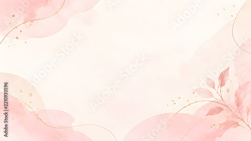 Soft Pink Abstract Watercolor Background with Delicate Botanical Leaves and Gold Accents