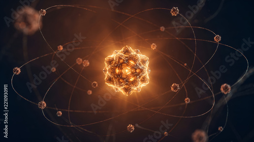 3d render of an abstract atomic structure with glowing core and orbiting particles