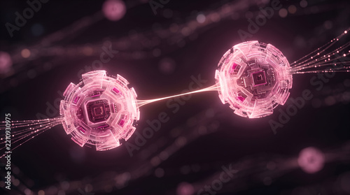 Two glowing pink futuristic circuit spheres connecting with light streams digital technology