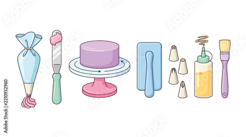 Professional Cake Decorating Tools and Baking Equipment Vector Illustration Set
