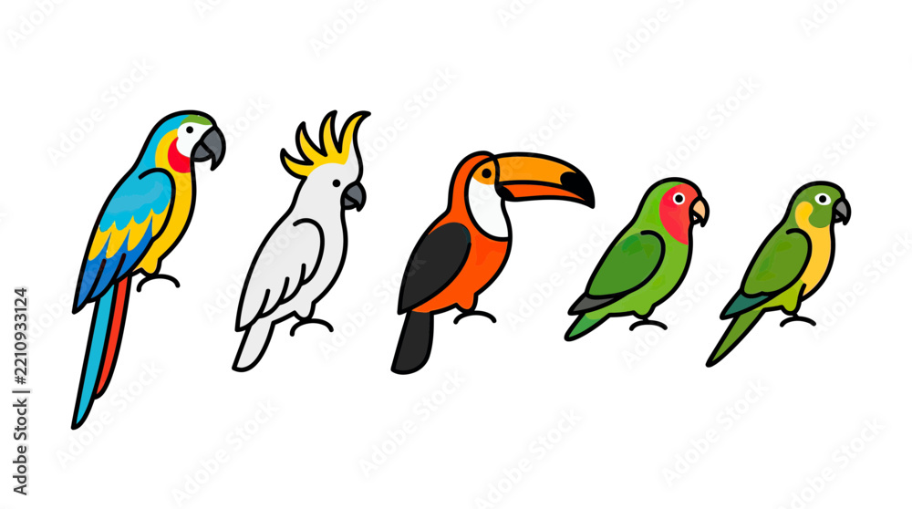 Obraz premium Colorful Cartoon Tropical Birds Collection Isolated