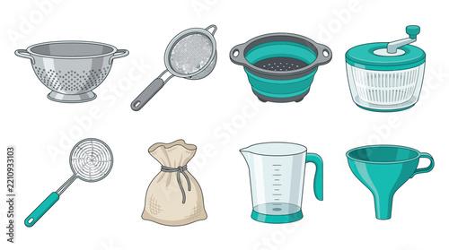 Set of Kitchen Utensils and Tools for Food Preparation: Colander, Sieve, Salad Spinner, and Measuring Cup Illustration
