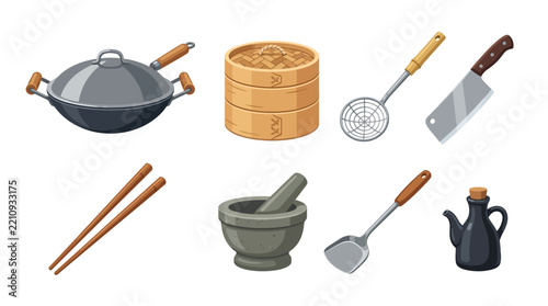 Collection of Traditional Asian Kitchen Tools and Cookware Vector Illustrations Isolated on White Background