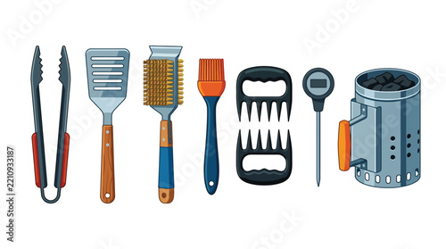 BBQ Grilling Tool Set Vector Illustration with Spatula, Tongs, Grill Brush, Meat Claws, and Charcoal Chimney Starter Isolated on White