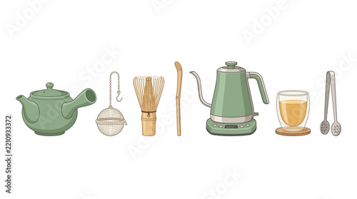 Modern and Traditional Japanese Tea Ceremony Equipment Set with Kyusu Teapot, Matcha Whisk, Electric Kettle, and Infuser on White Background