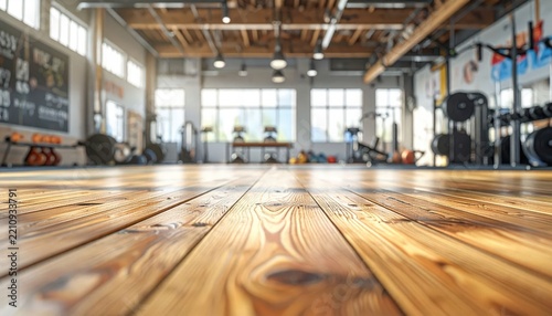Wooden Gym Floor in Spacious Fitness Studio with Workout Equipment