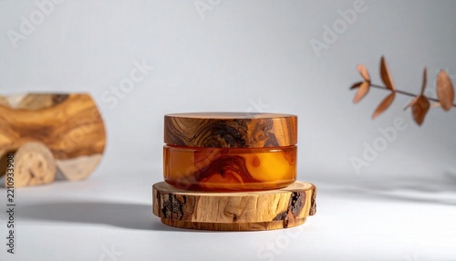 Amber Glass Cosmetic Jar with Wooden Lid on Wood Slice Stand