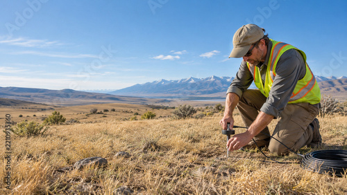 Obraz na płótnie Field Technician Installing Seismic Sensor Spike