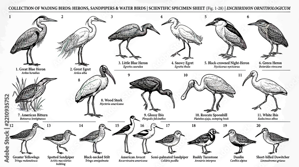 Obraz premium Collection of Wading Birds and Waterfowl Scientific Illustration